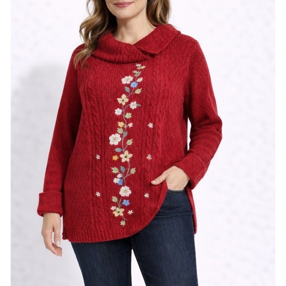 Chunky Cableknit Chenille Sweater XL Floral Embroidery Cottage Oversized Collar